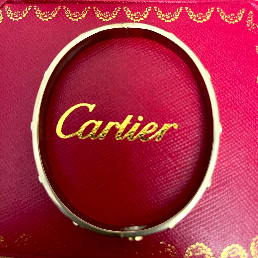 White gold bangle with 1 screw and comes with a screw driver .